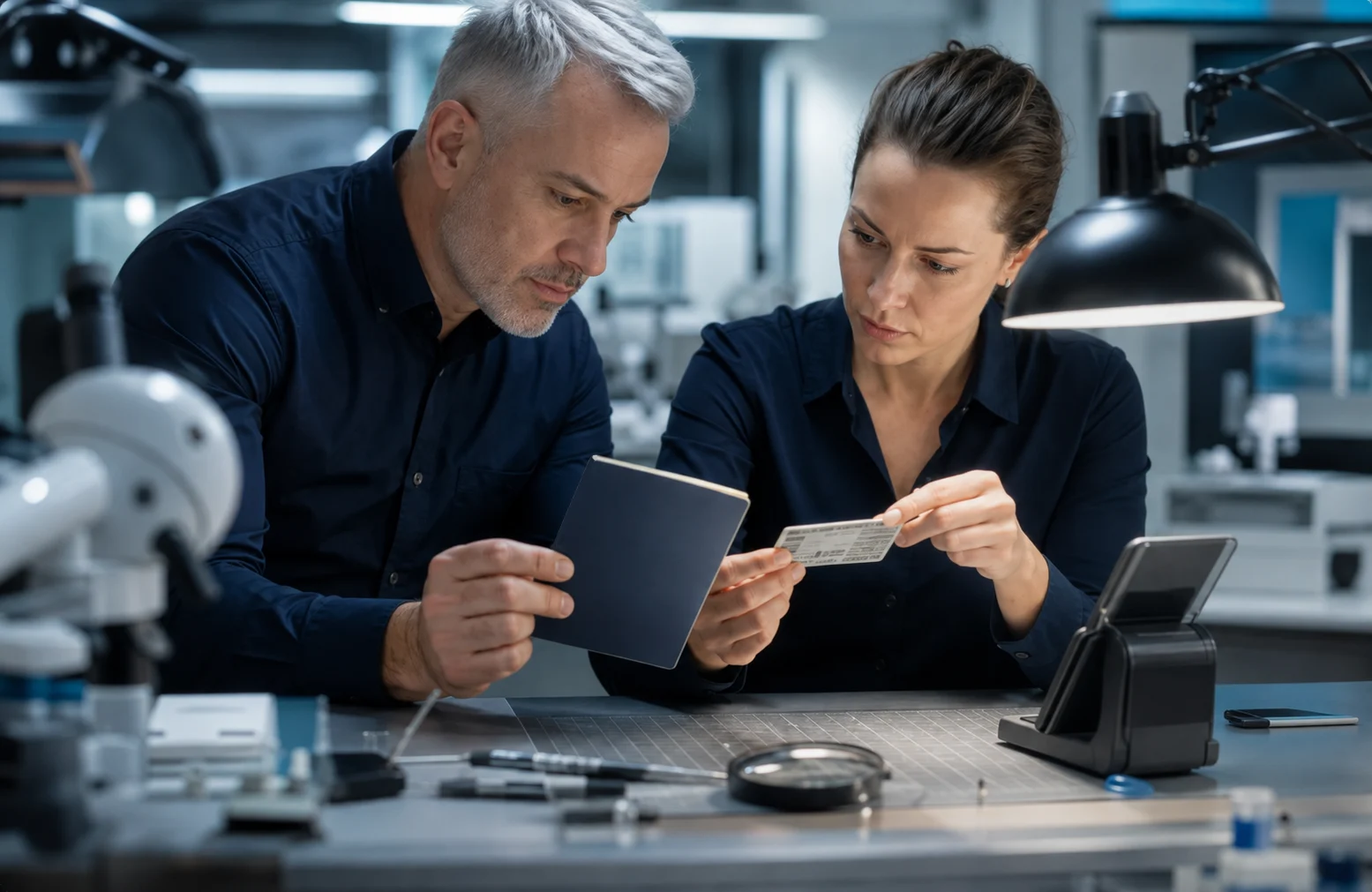 Secure-document specialists examining a passport and identity card together