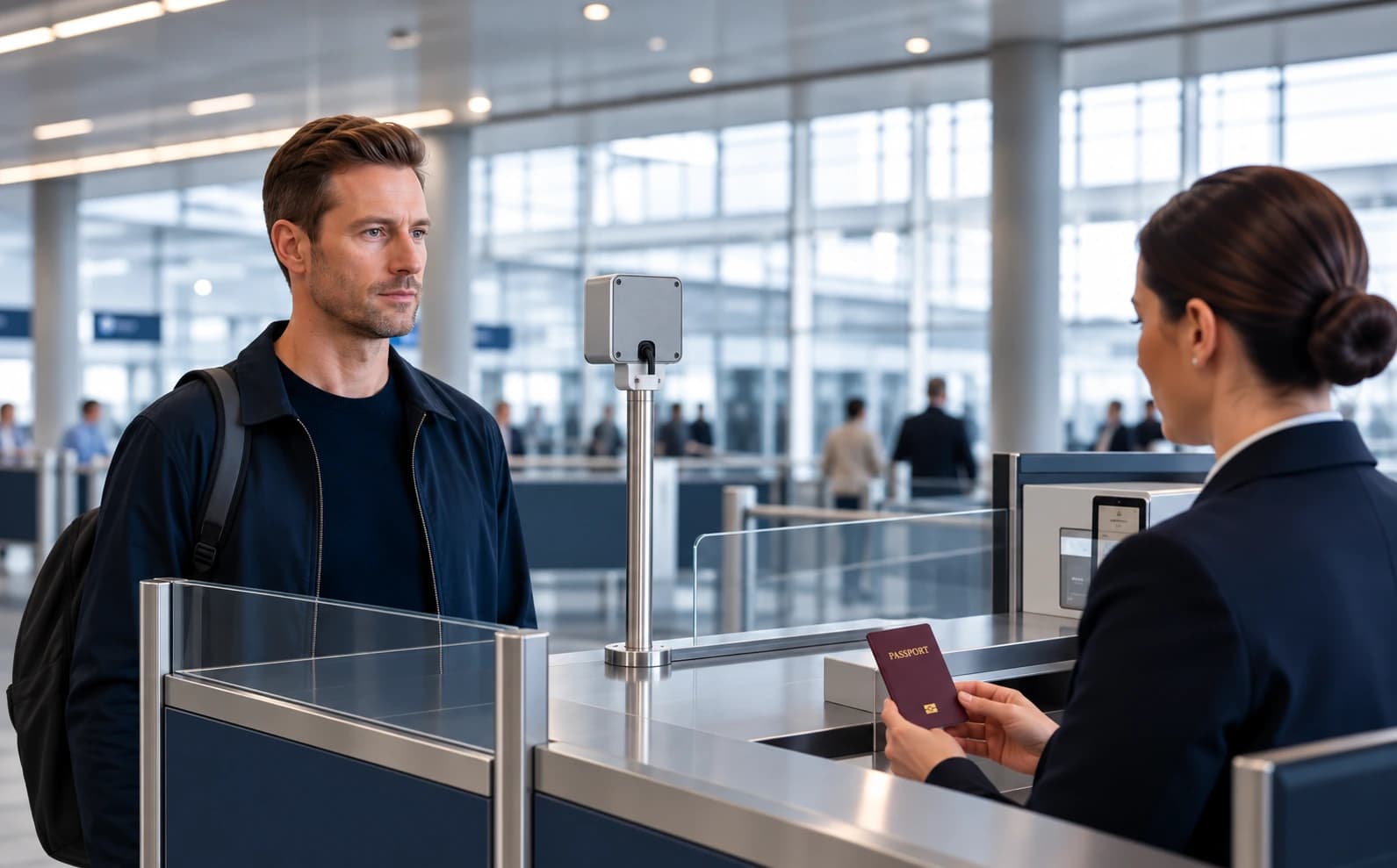 Traveller completing a biometric identity check at border control