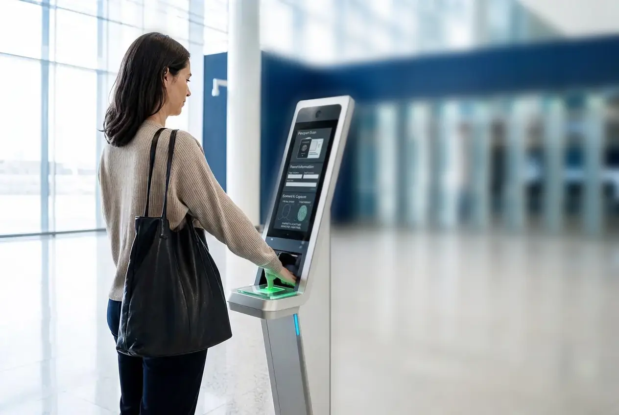 Traveller using a self-service border control kiosk