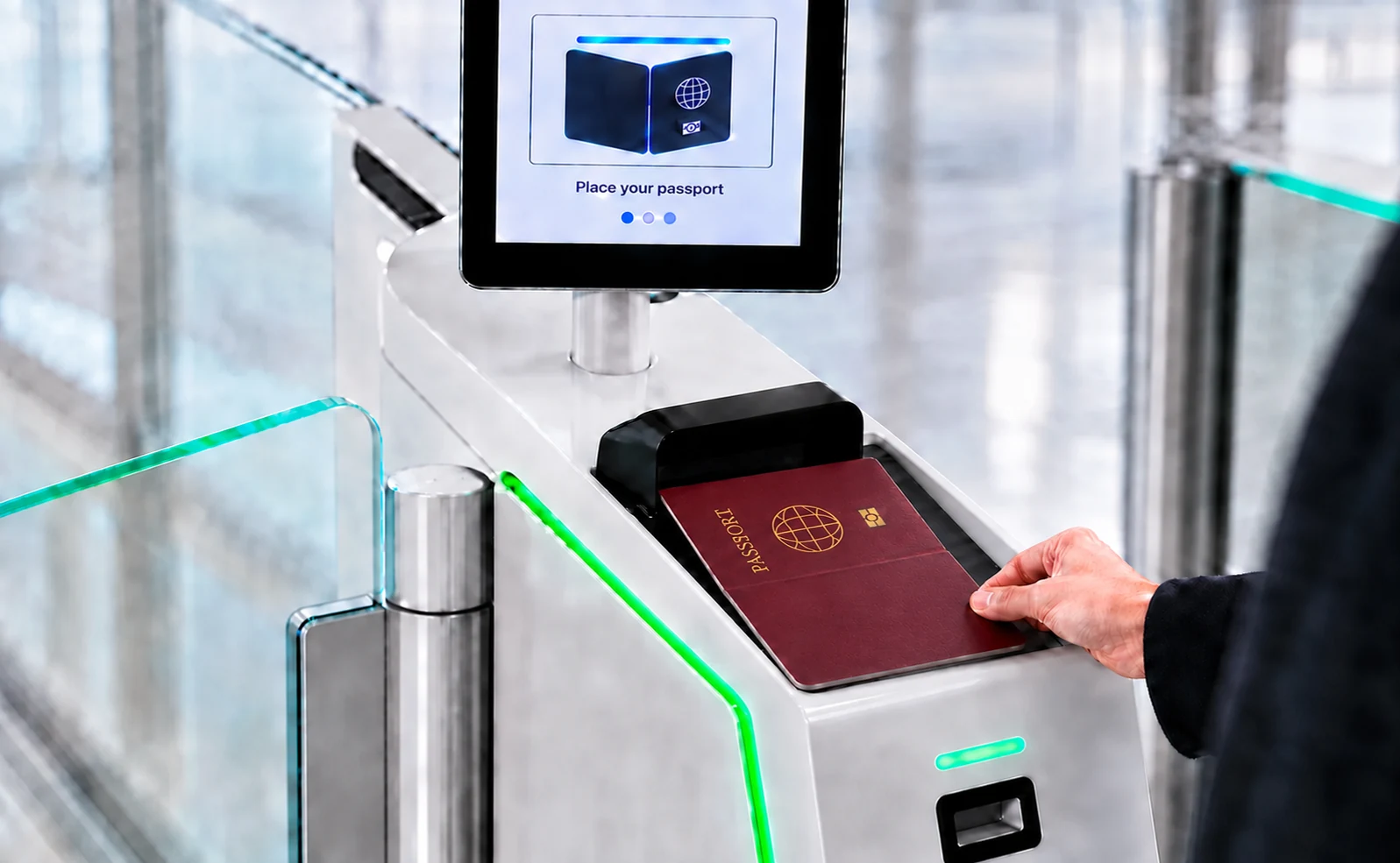 Passport placed on a border control document reader
