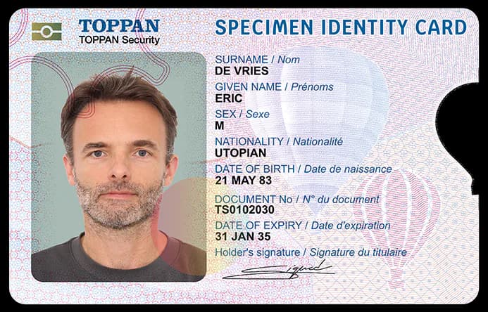 Specimen TOPPAN identity card with sample cardholder fields and security patterns