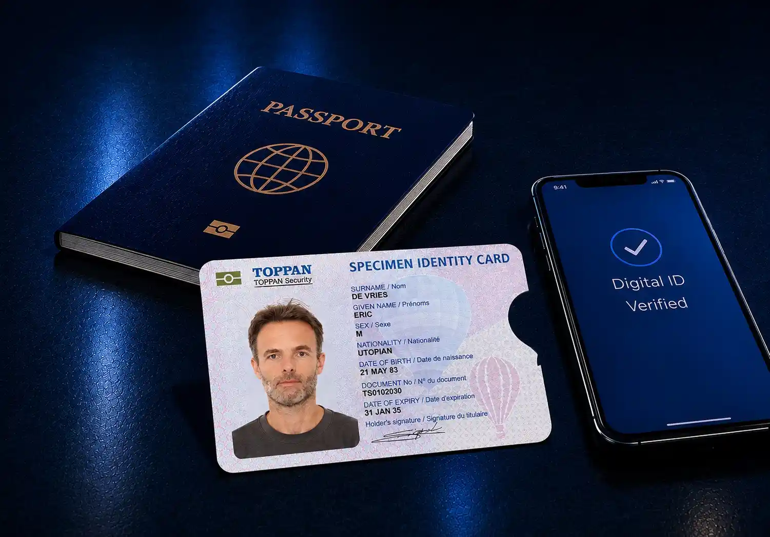 A secure identity credential coordinating citizen protection, border travel, public services, resilient production, and digital identity