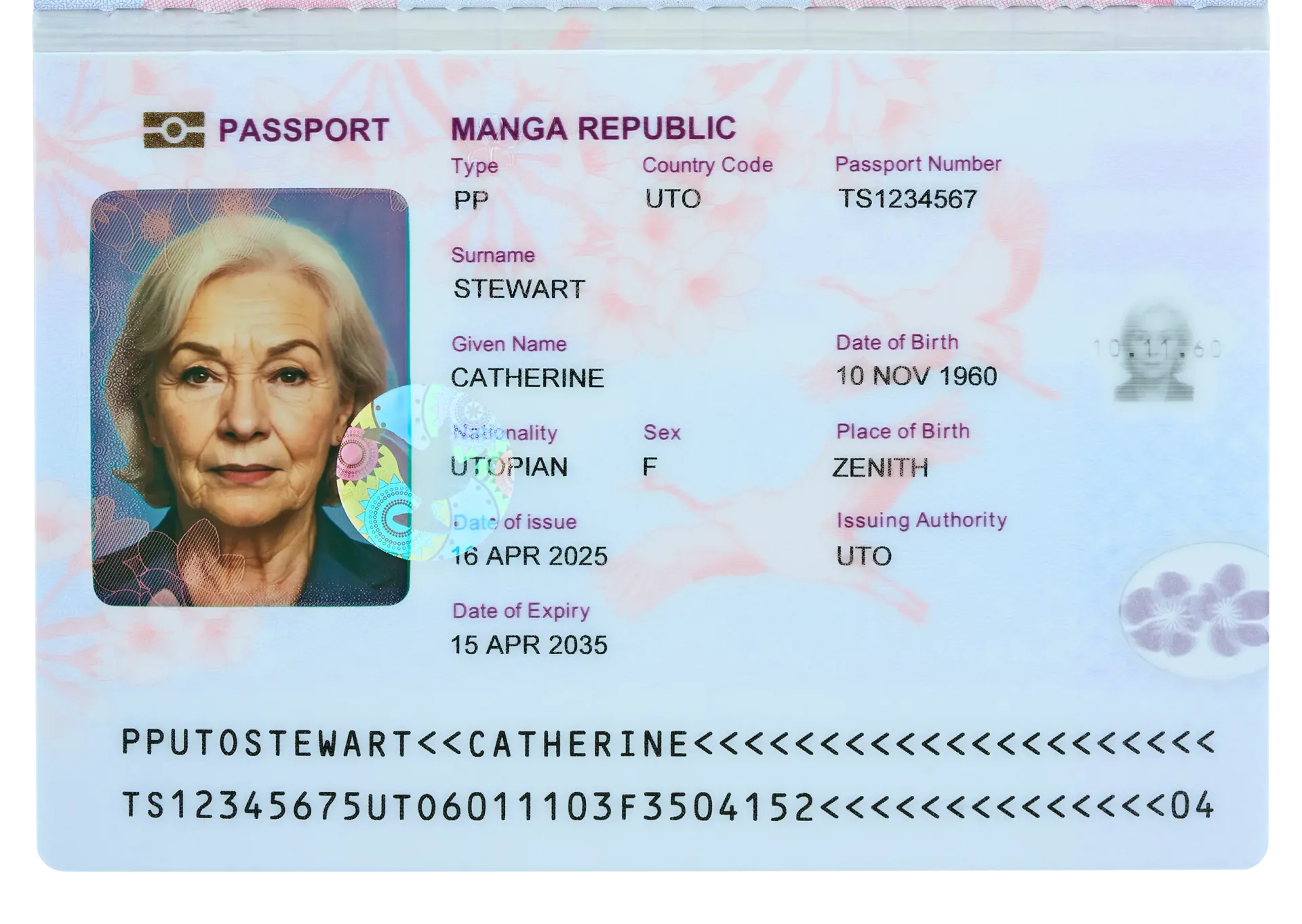 Specimen TOPPAN passport showing sample cardholder fields and security patterns