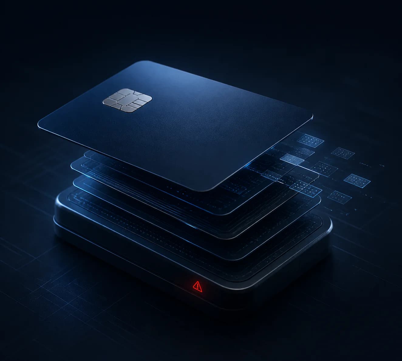 Payment card technology layers separating above a small warning indicator