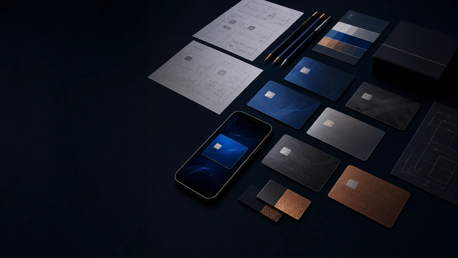 Payment cards, material samples, sketches and digital card artwork arranged in a design studio