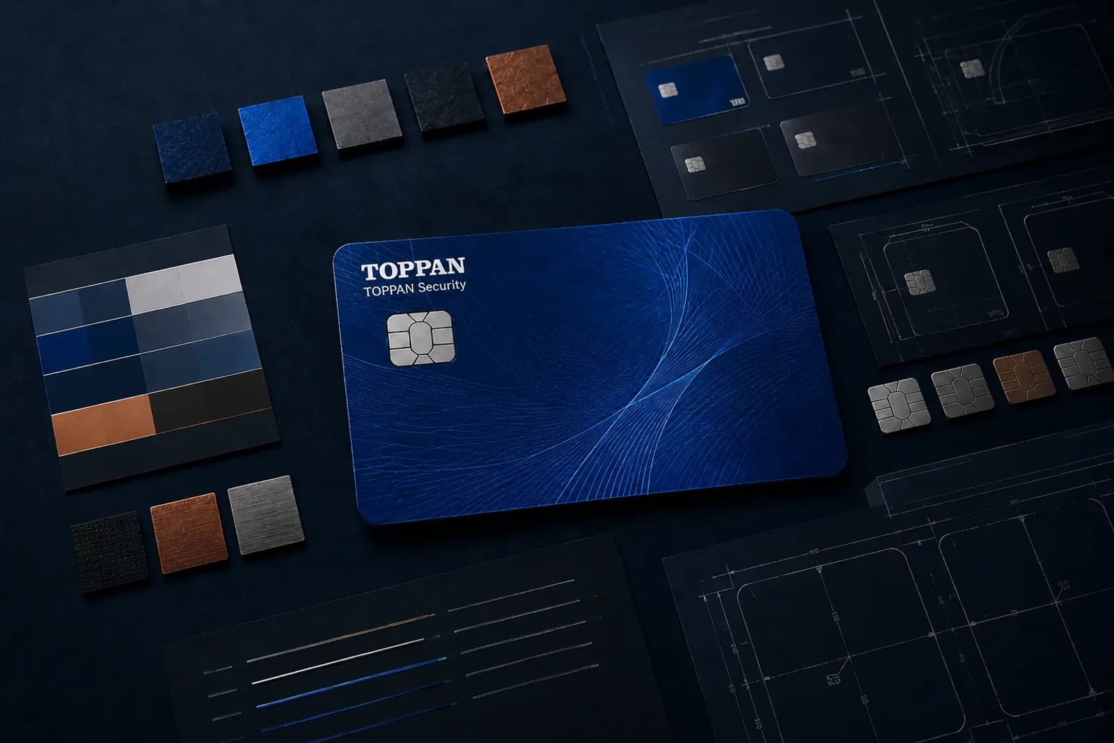 Blue payment card design surrounded by material, color and production studies