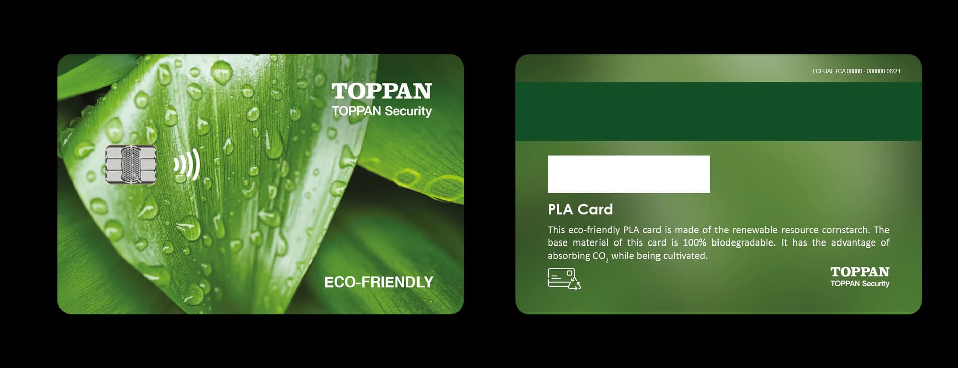 Front and back of the green TOPPAN Security PLA card